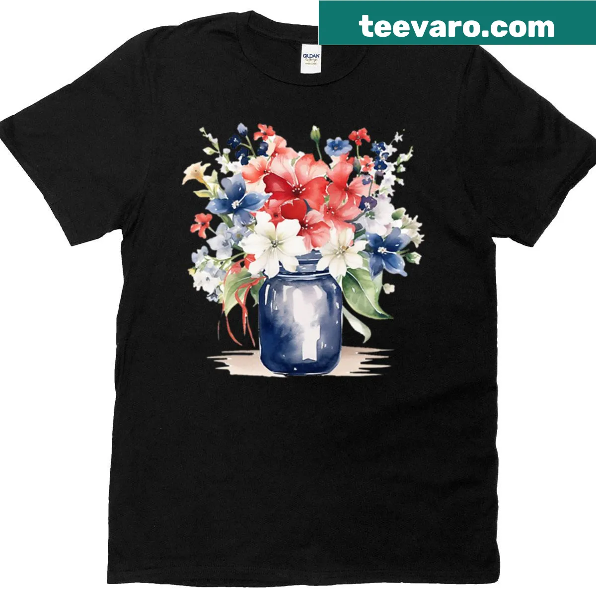 Floral arrangement in a mason jar with a patriotic theme — on a men's t-shirt