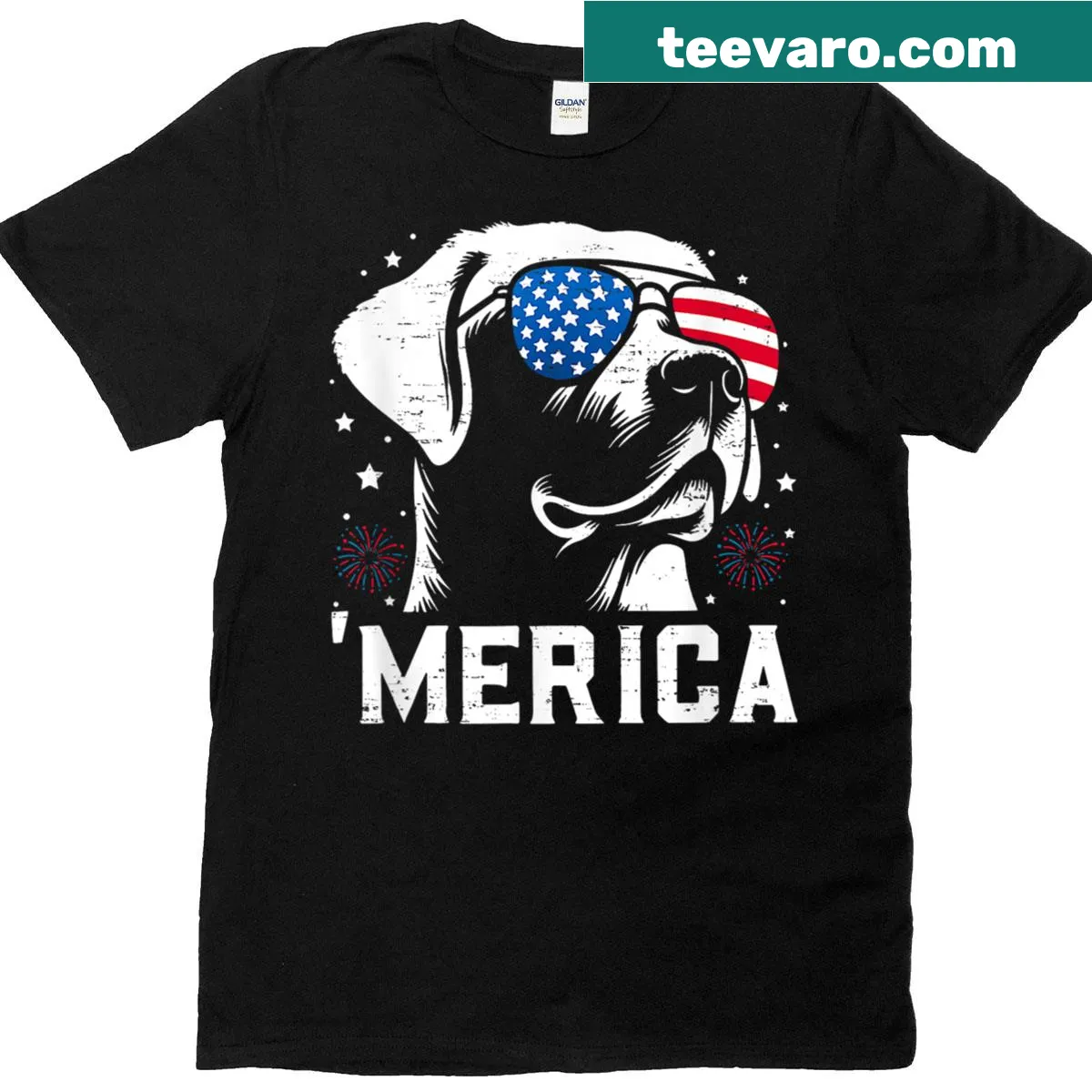 Labrador Retriever with American flag graphic on t-shirt — on a men's t-shirt