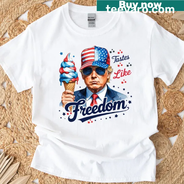 Cartoon of President Trump with ice cream on patriotic t-shirt