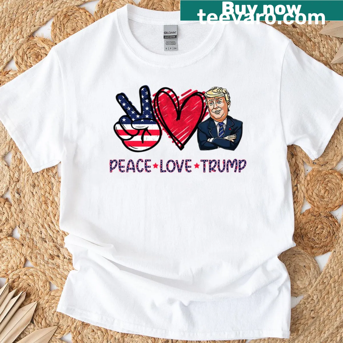T-shirt with bold text 'Peace Love Trump' for political expression — on a men's t-shirt