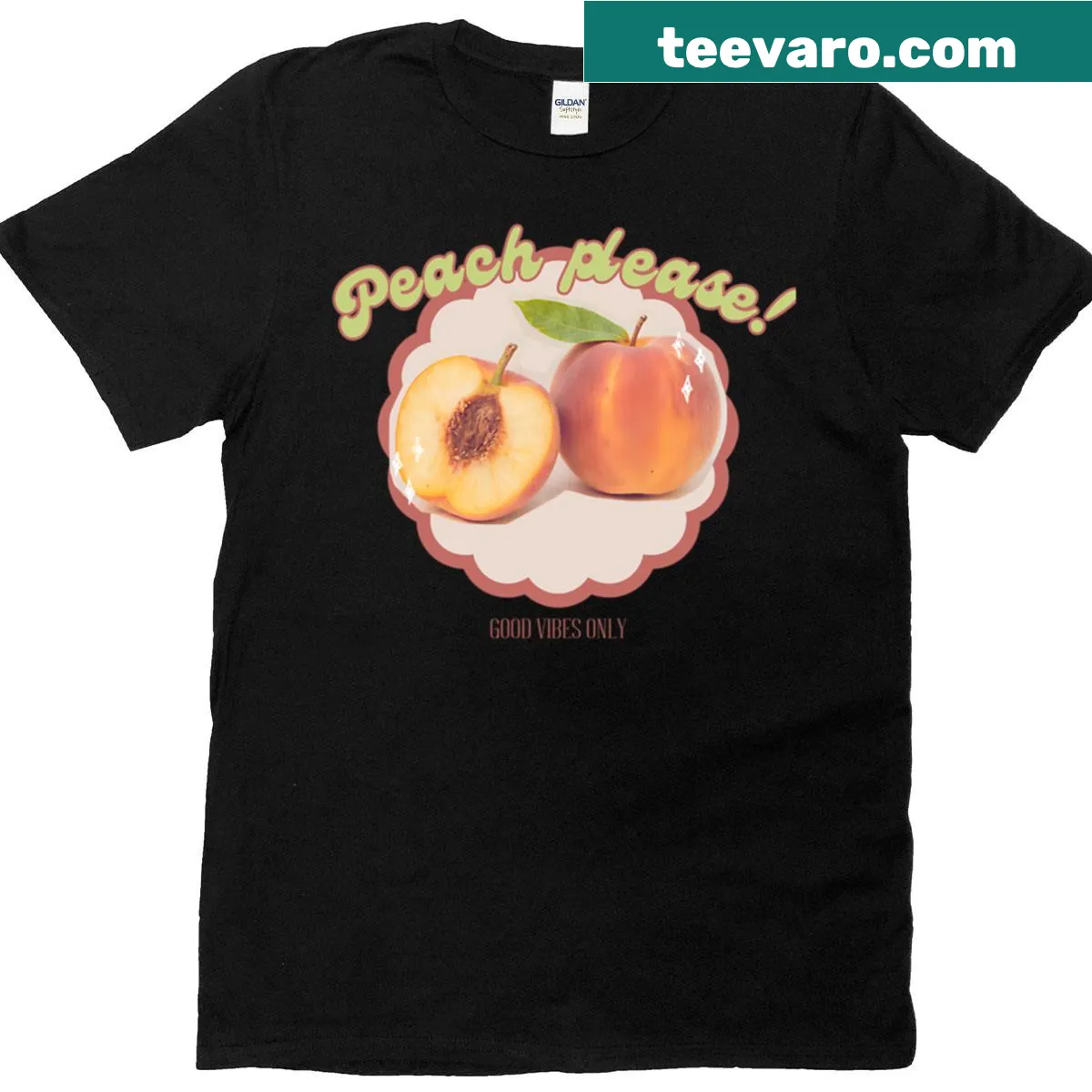 T-shirt with peach illustration and text 'Peach Please Good Vibes Only' — on a men's t-shirt