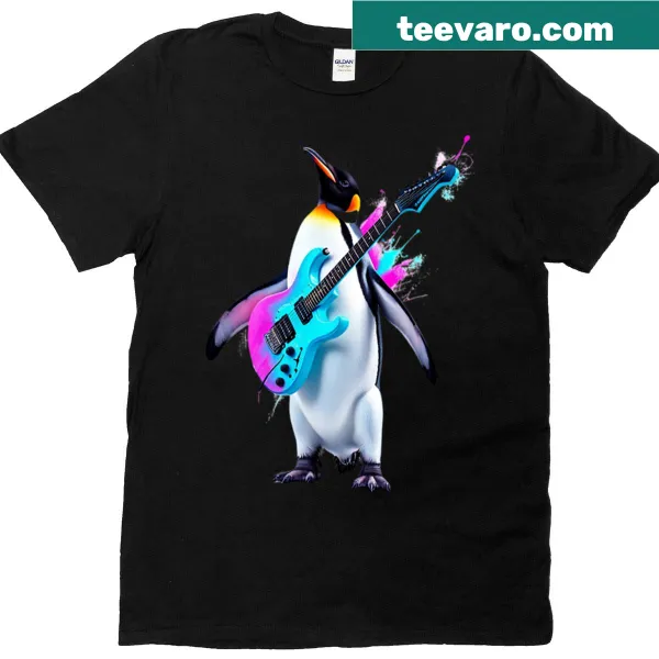 Cartoon penguin playing guitar on a T-shirt