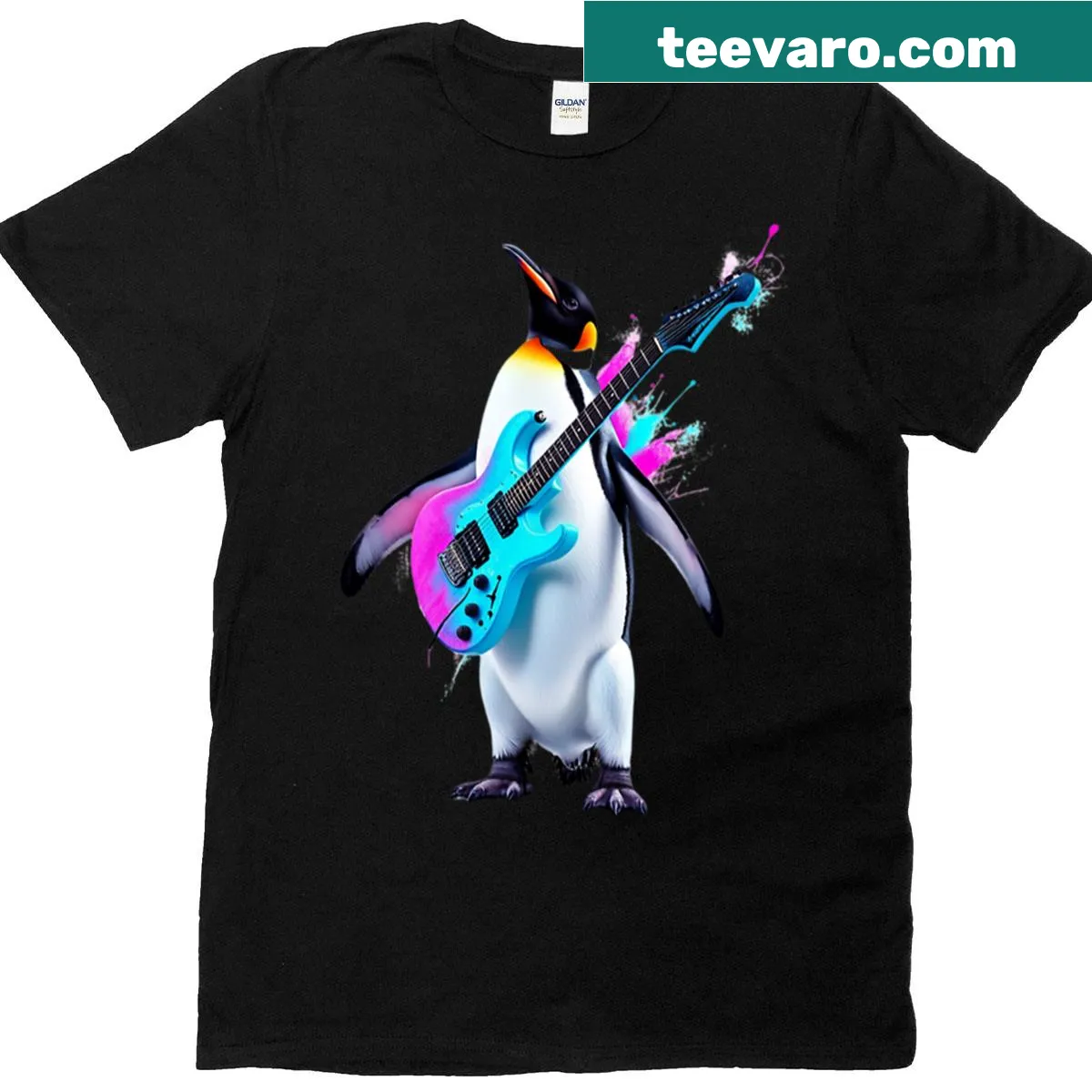 Cartoon penguin playing guitar on a T-shirt — on a men's t-shirt