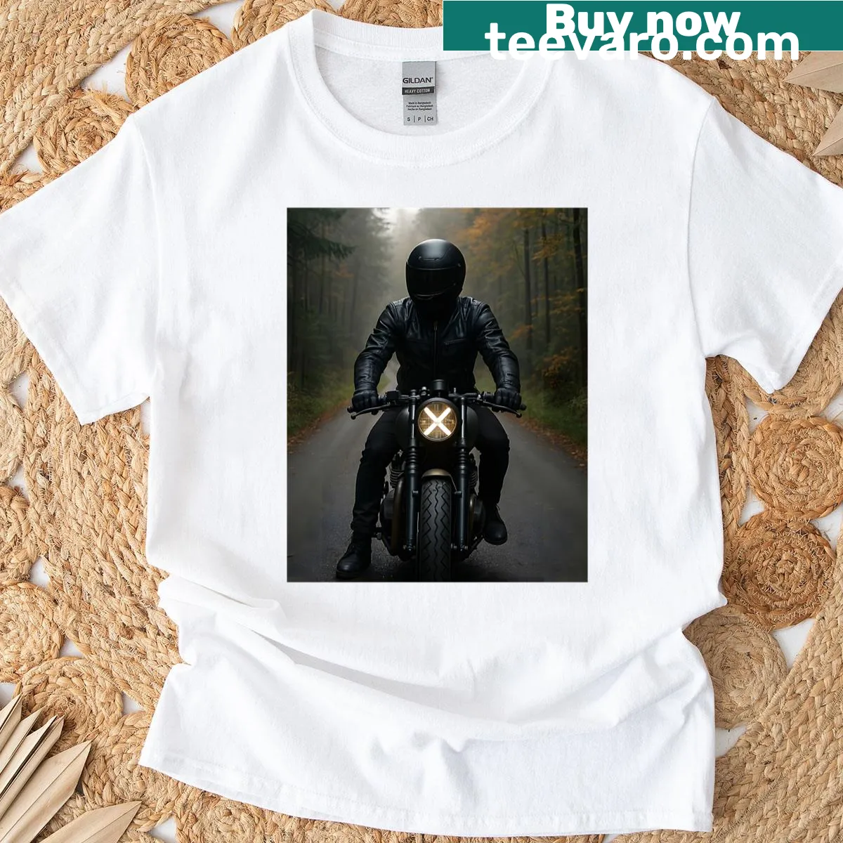 Graphic of a person riding a motorcycle on a forest road — on a men's t-shirt