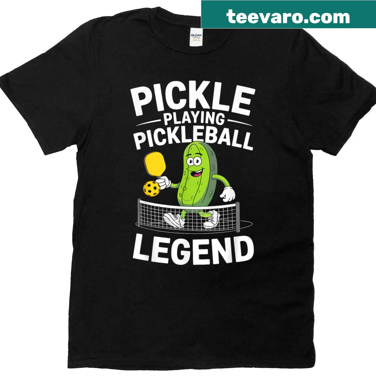 Funny T-shirt with cartoon pickle playing pickleball — on a men's t-shirt