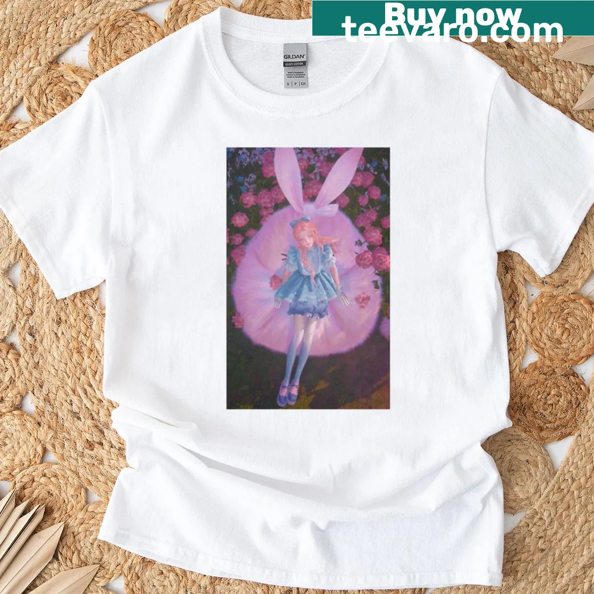 Cartoon graphic of a whimsical pink bunny character — on a men's t-shirt