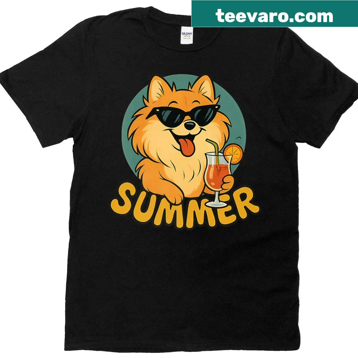 Vintage cartoon Pomeranian enjoying summer in a playful design — on a men's t-shirt