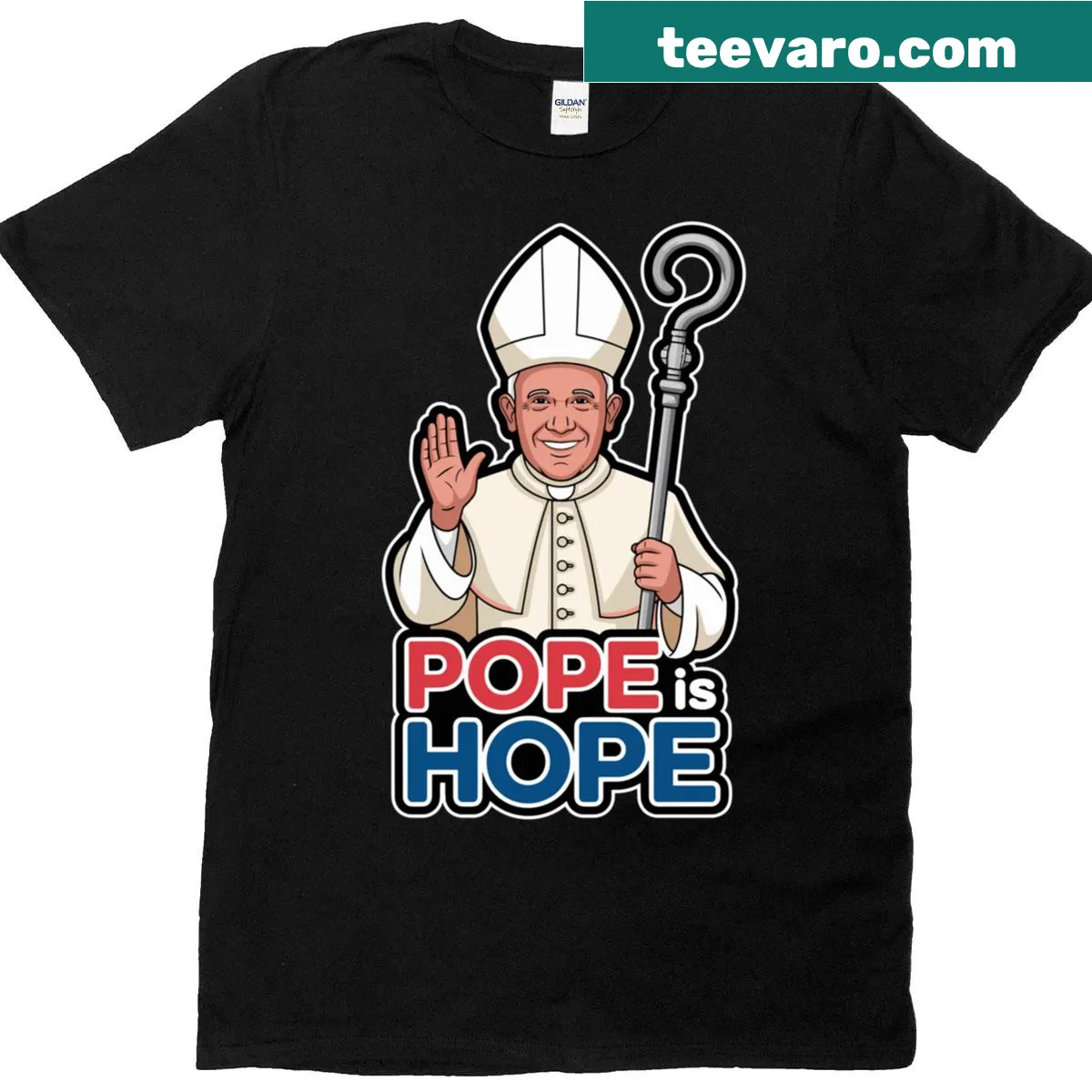 Inspirational cartoon design of the Pope with a hopeful message — on a men's t-shirt