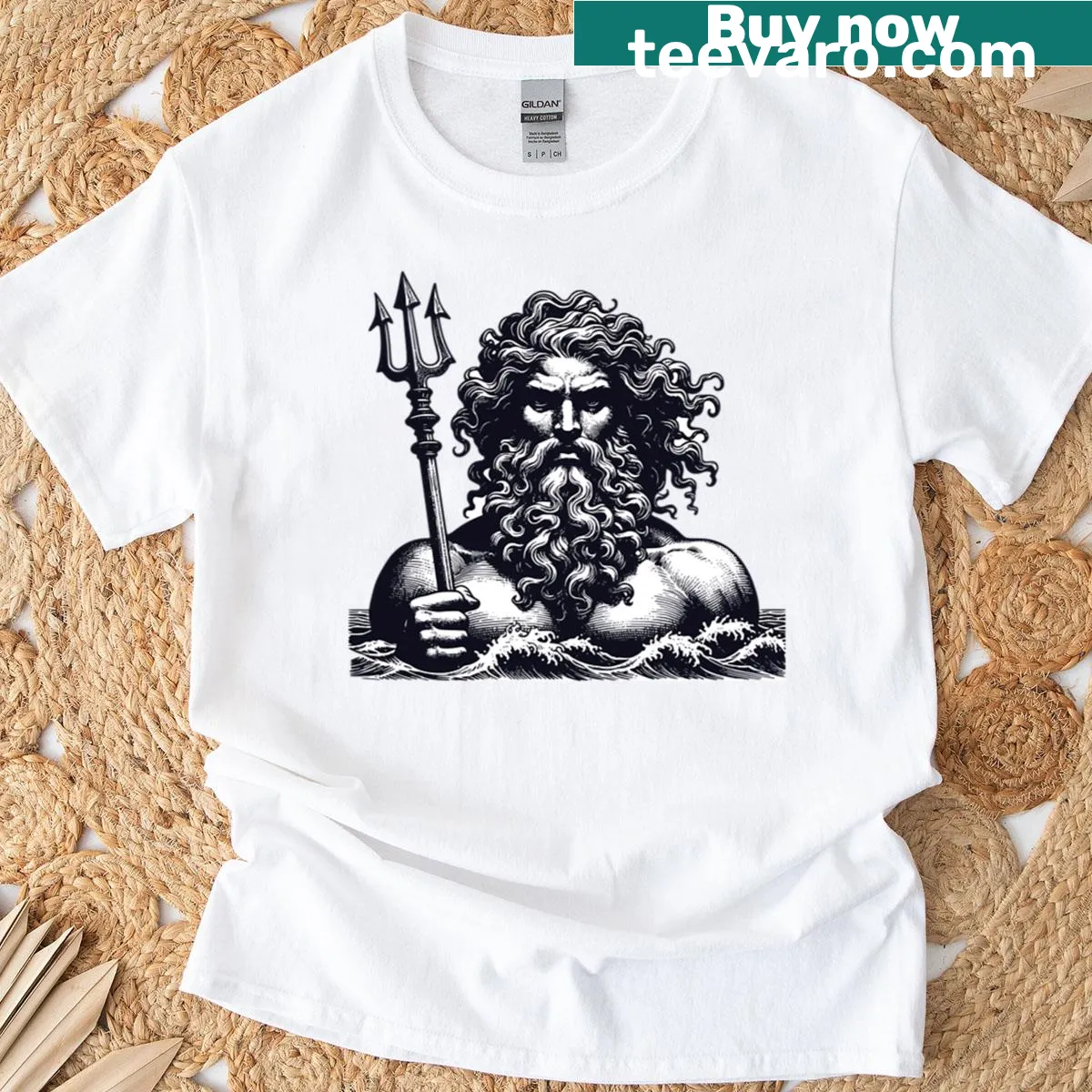 Poseidon T-shirt featuring the god of the sea with trident — on a men's t-shirt