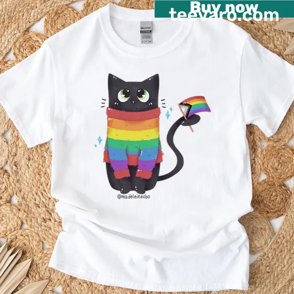 T-shirt featuring a rainbow-colored cat graphic