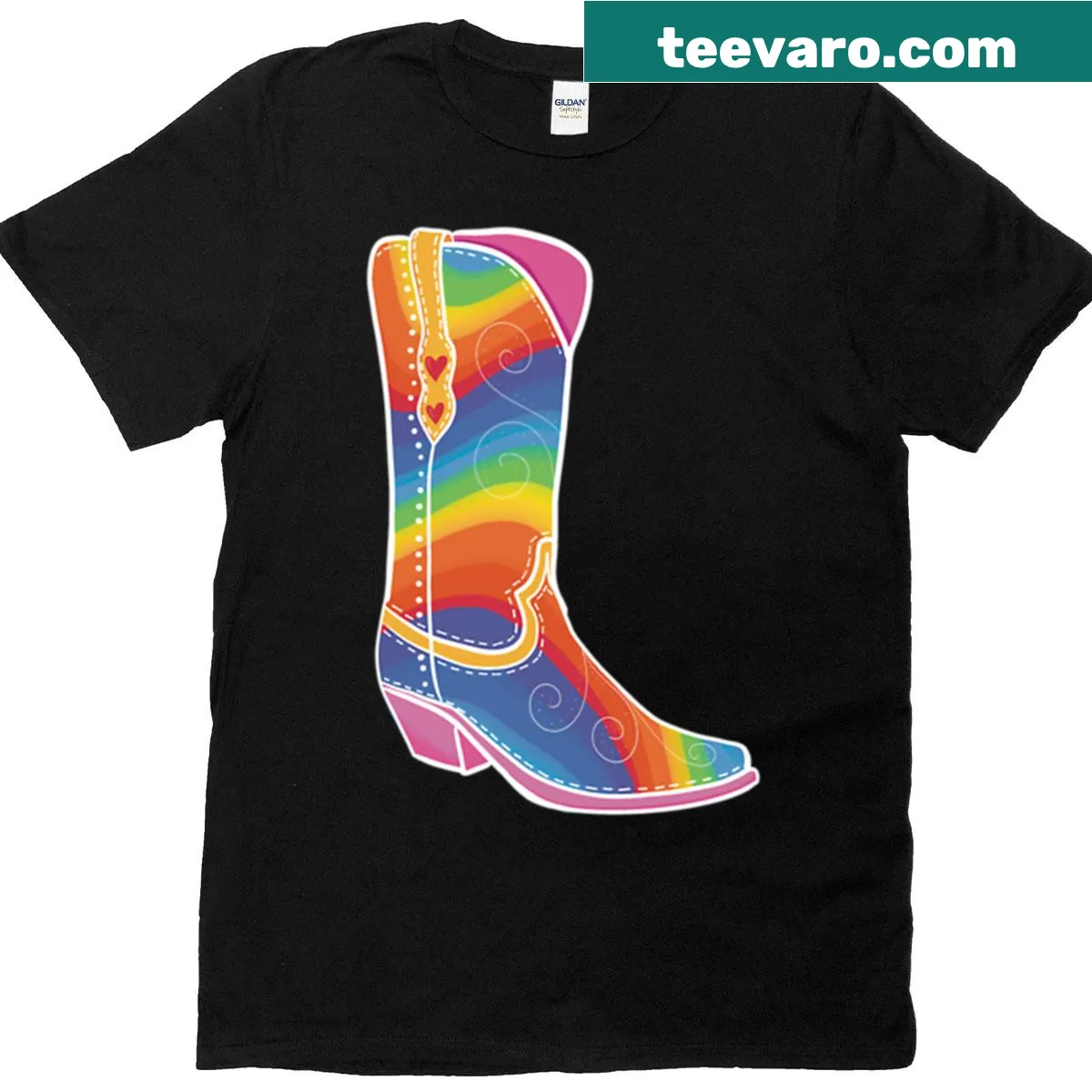 T-shirt featuring a colorful cowgirl boot design for pride — on a men's t-shirt