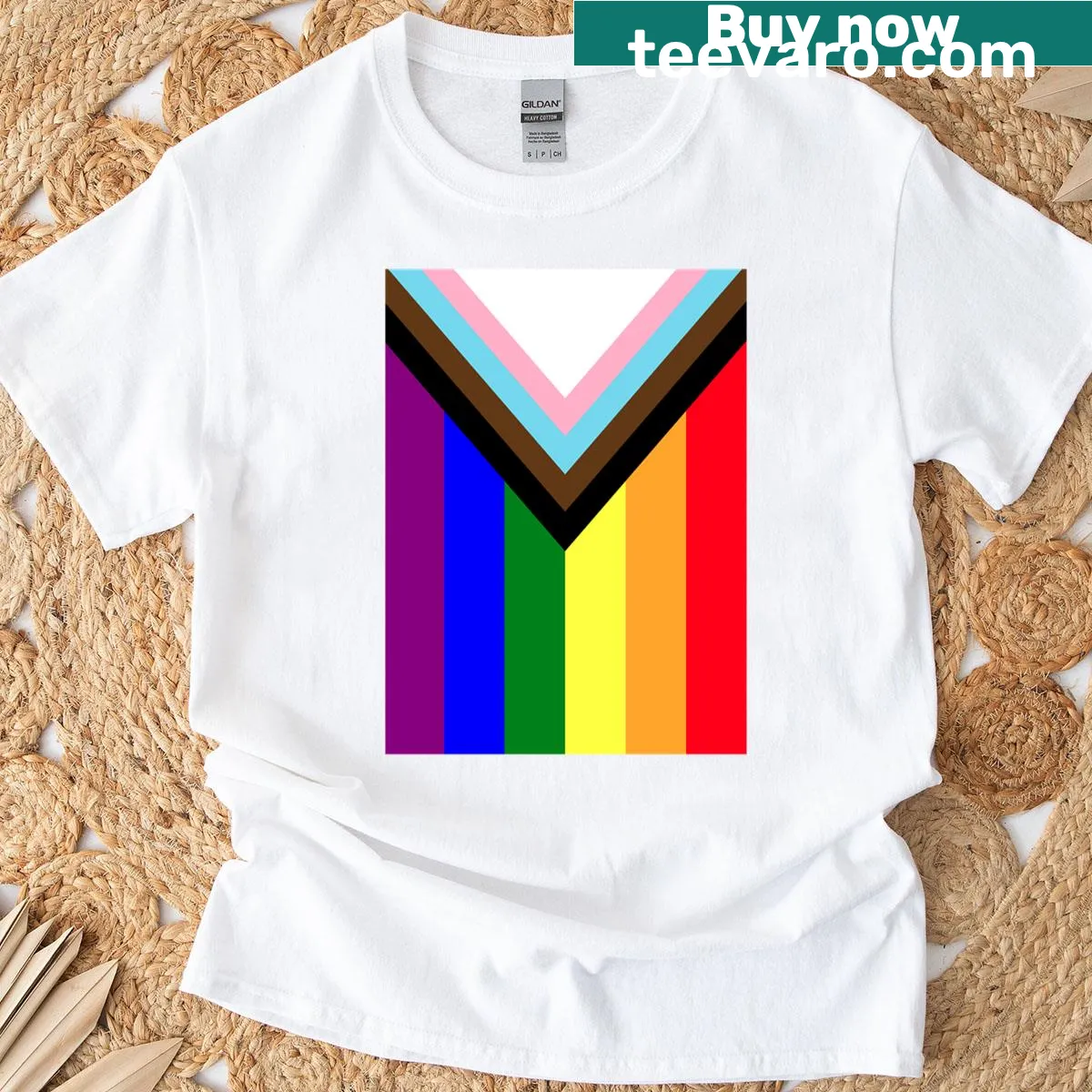 T-shirt featuring the Progress Pride Flag design — on a men's t-shirt
