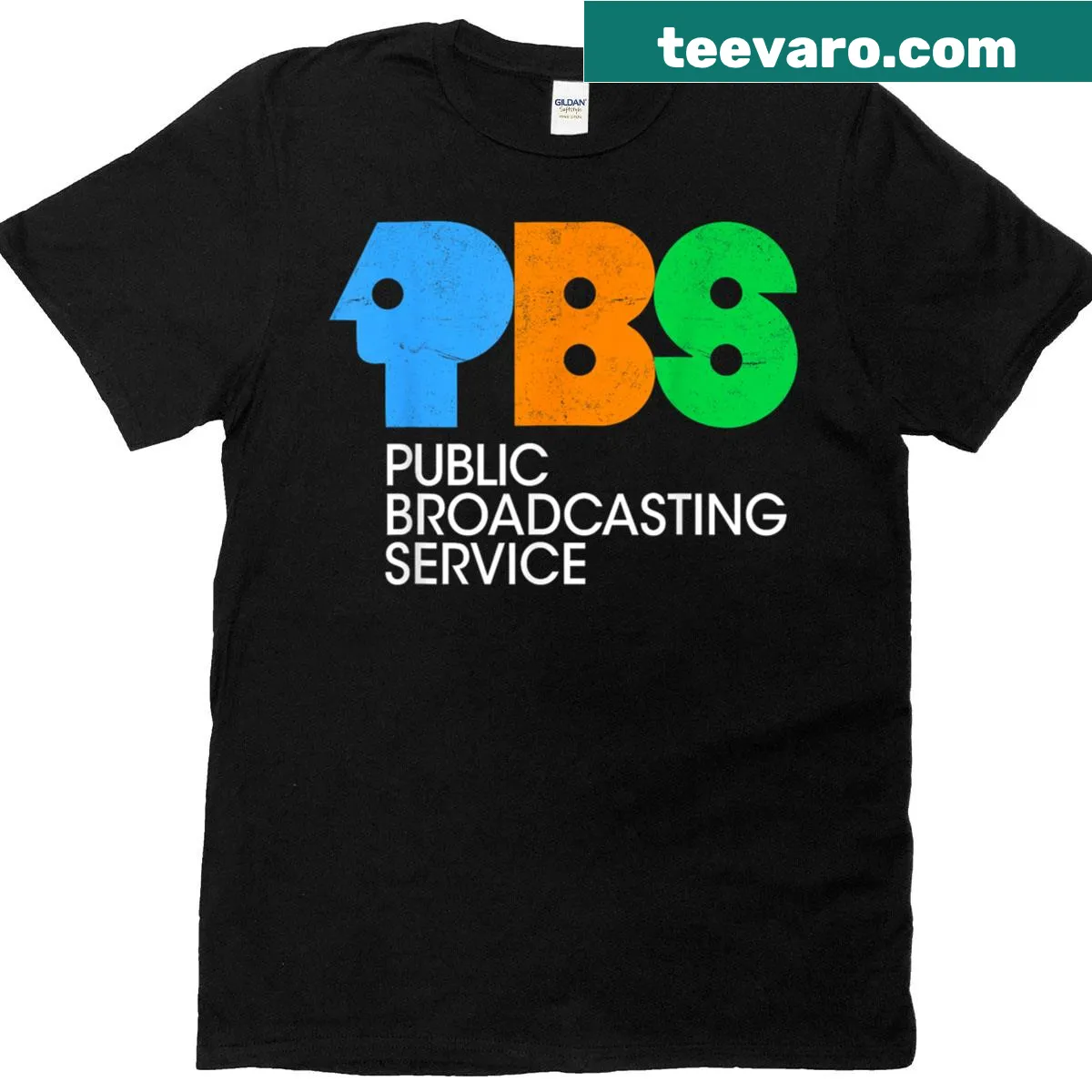 Vintage-style PBS graphic on a t-shirt showing 80s nostalgia — on a men's t-shirt
