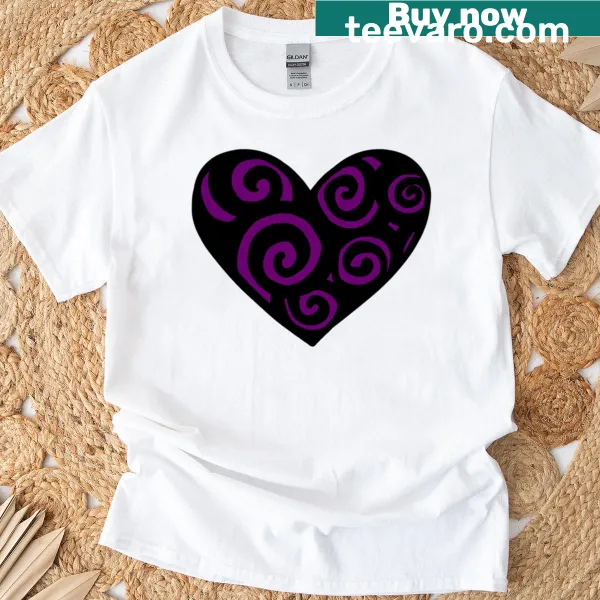 T-shirt featuring a watercolor swirly heart design in purple
