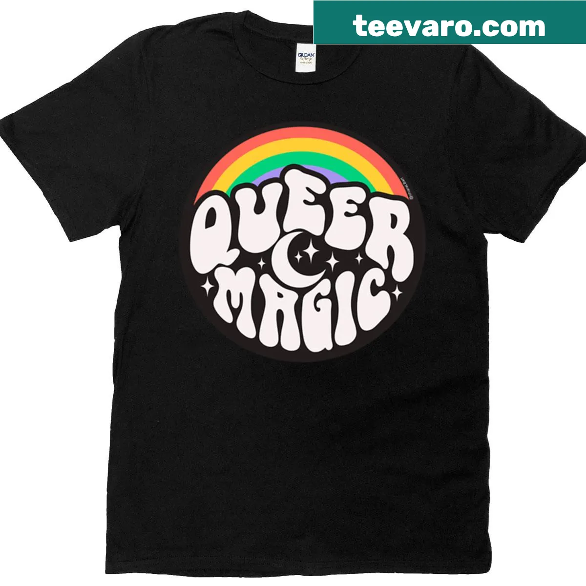 T-shirt featuring the phrase 'Queer Magic' in bold lettering — on a men's t-shirt