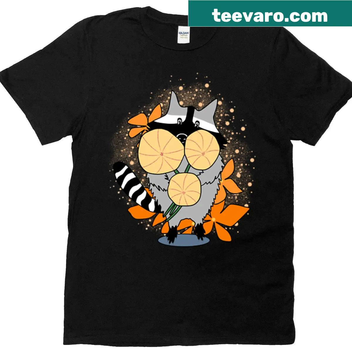 Illustration of a raccoon surrounded by flowers on a T-shirt — on a men's t-shirt