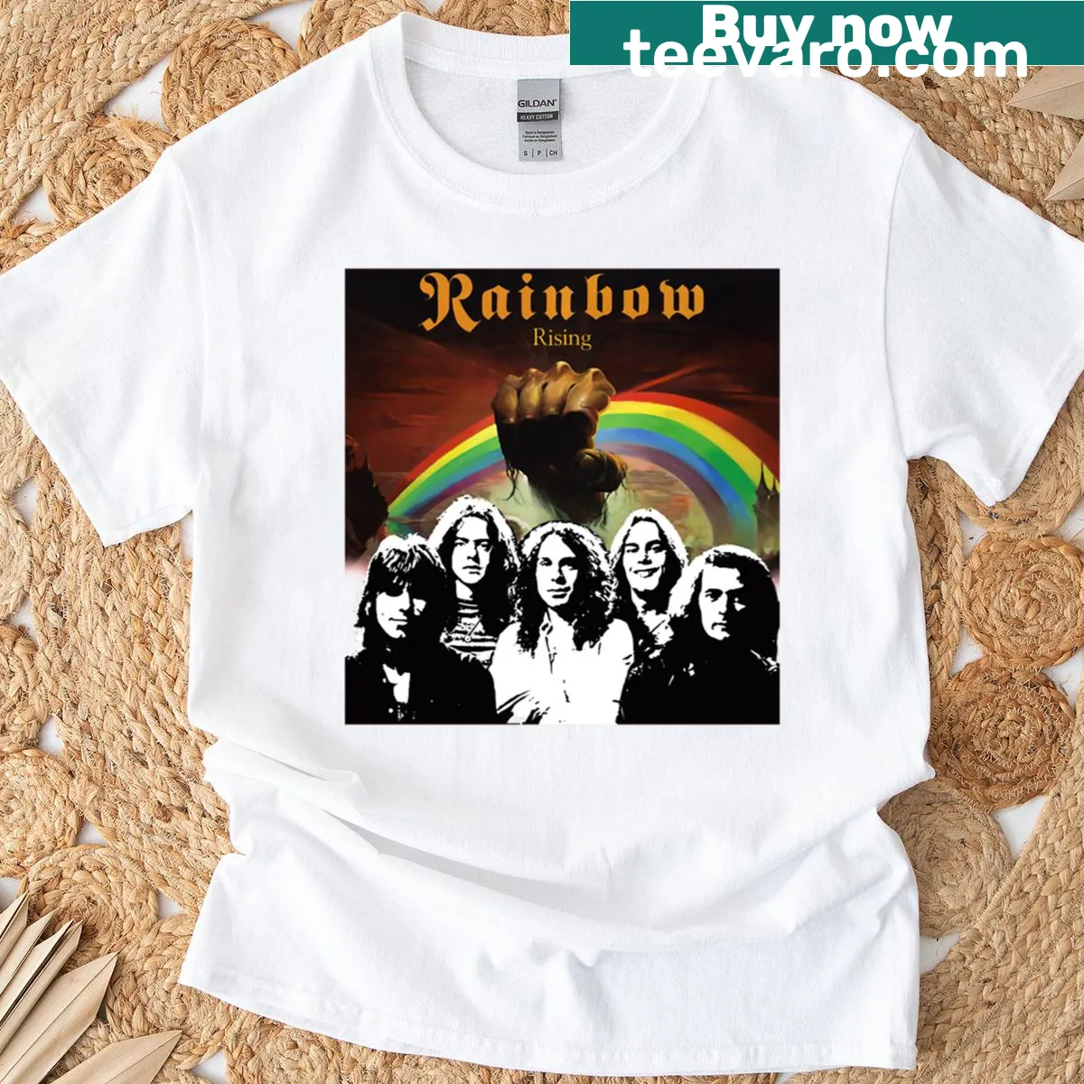 Colorful typography t-shirt featuring Blackmore Rainbow text design — on a men's t-shirt