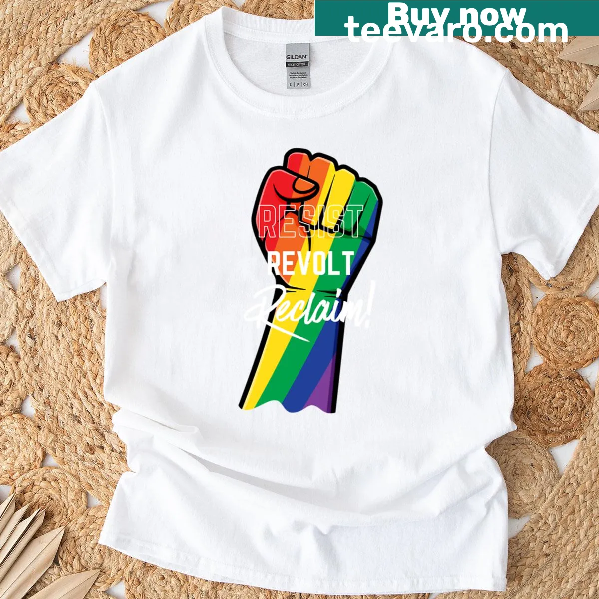 Rainbow Fist Resist Revolt Reclaim T-shirt with bold fist design — on a men's t-shirt