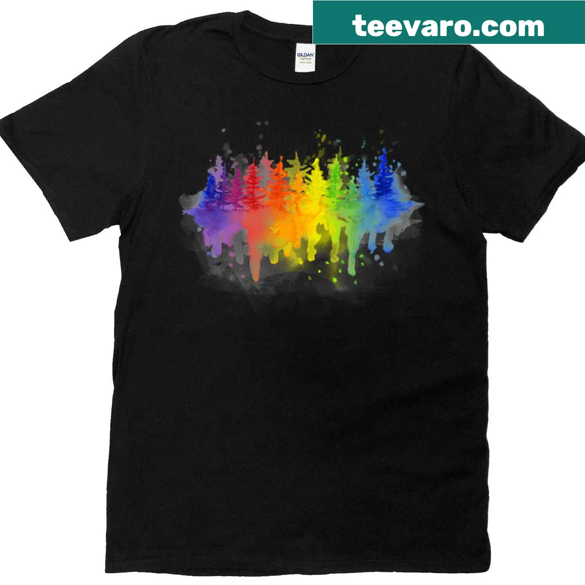 Watercolor design of a rainbow forest with trees and foliage — on a men's t-shirt