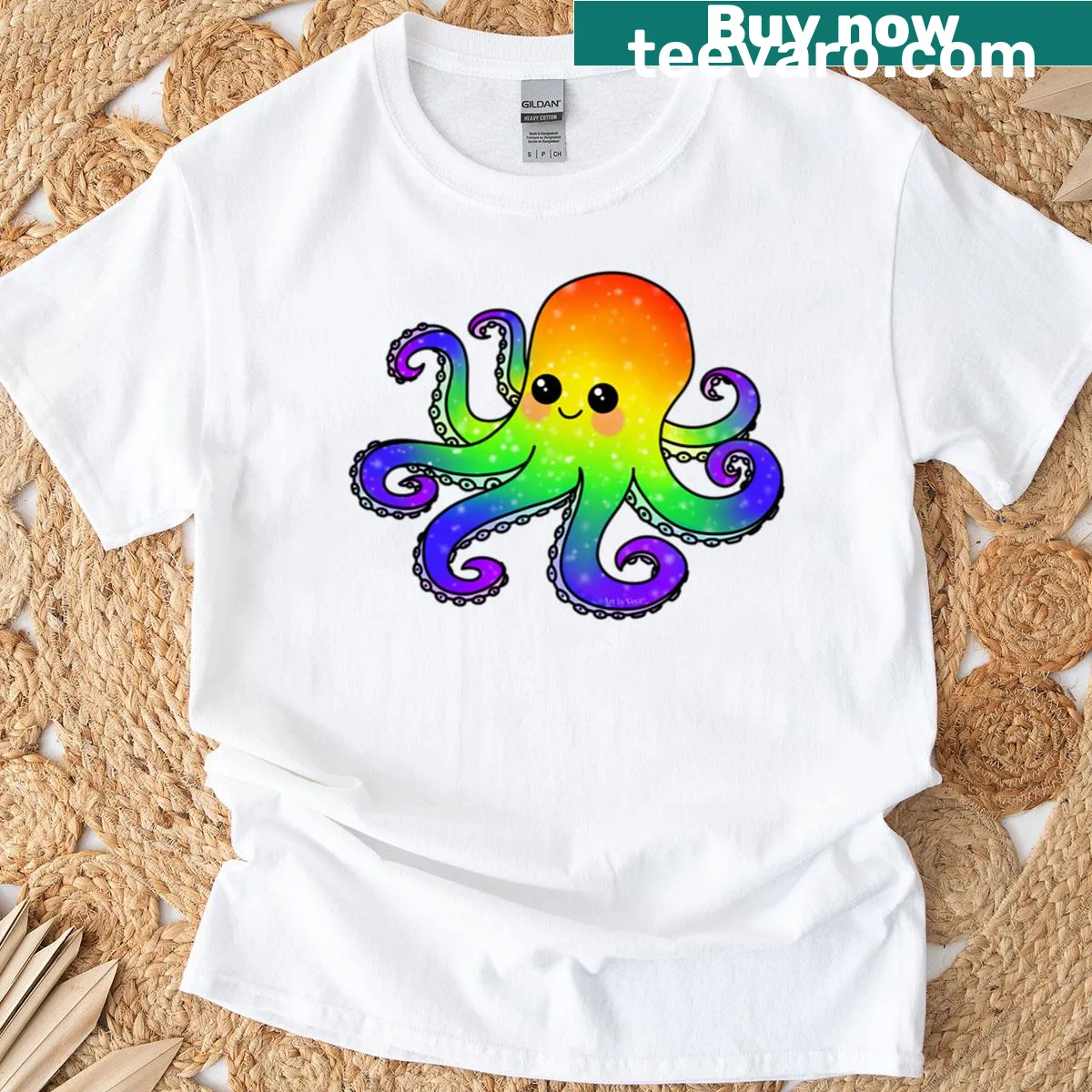 Whimsical rainbow octopus graphic on T-shirt — on a men's t-shirt