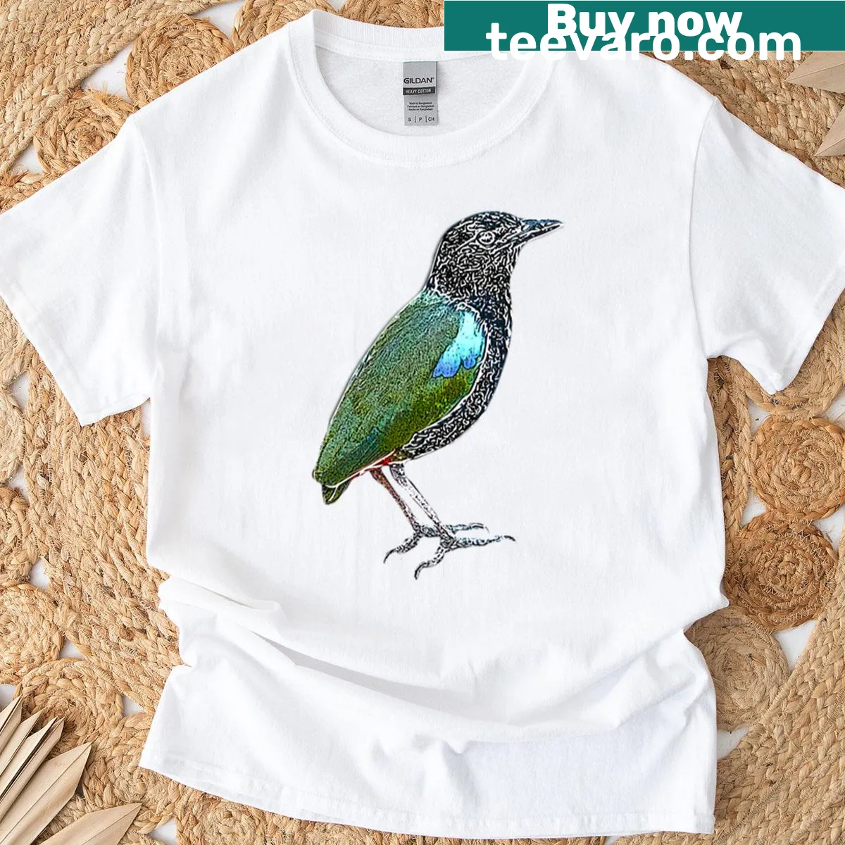 Illustration of a Rainbow Pitta bird on a white t-shirt — on a men's t-shirt