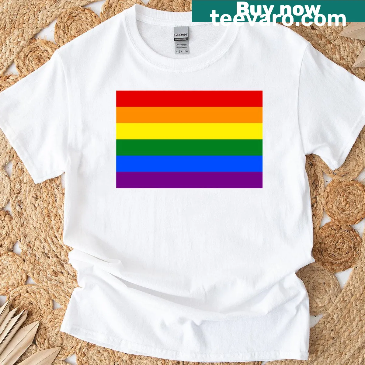 Bold rainbow pride flag graphic on T-shirt — on a men's t-shirt