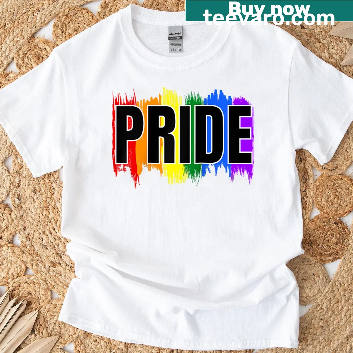 Vintage baseball tee with rainbow pride flag design — on a men's t-shirt