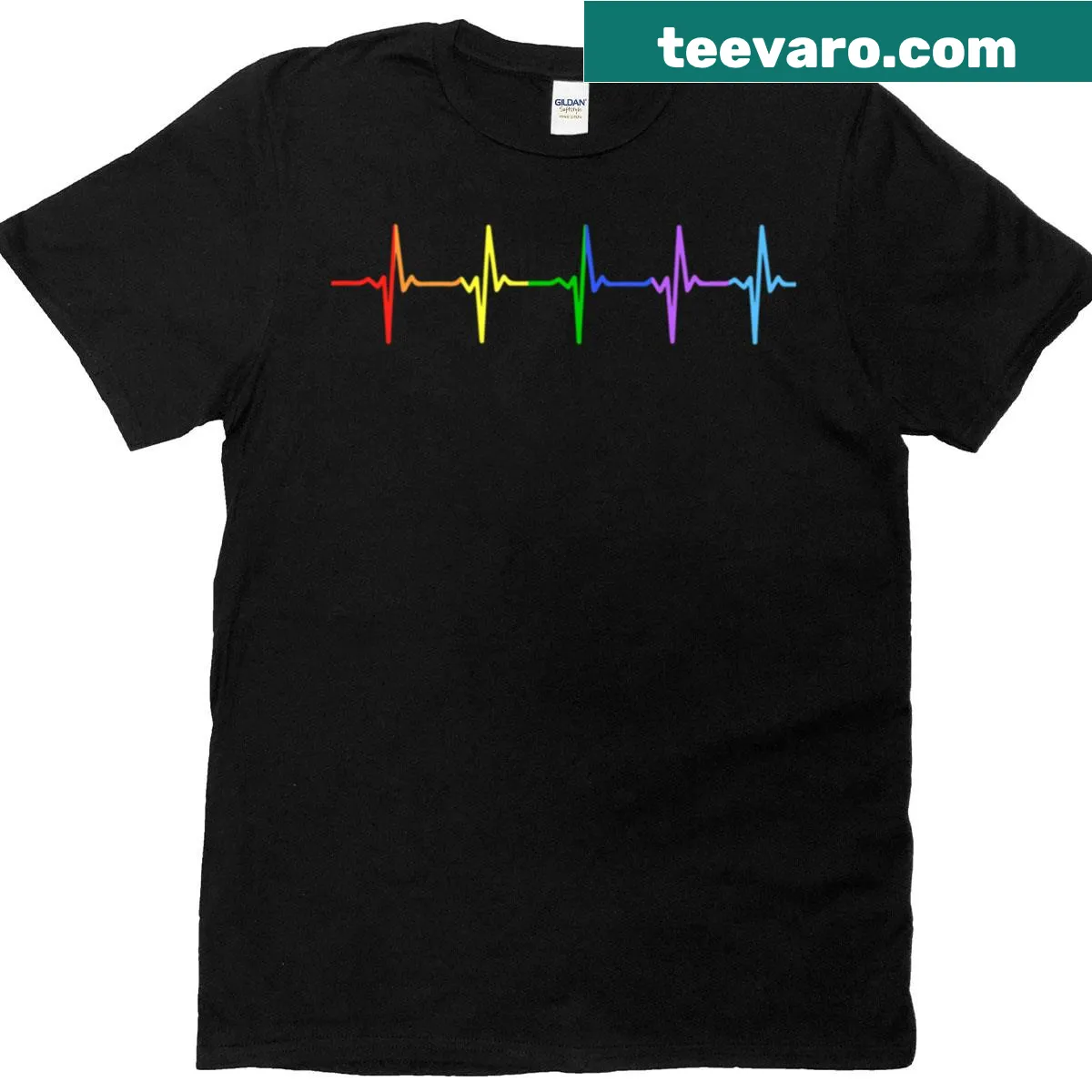 Rainbow Pulse Heartbeat T-shirt with vibrant heartbeat designs — on a men's t-shirt