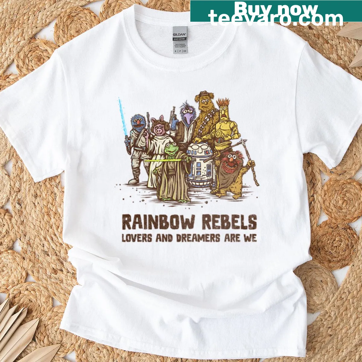 Colorful 'Rainbow Rebels' text graphic on T-shirt — on a men's t-shirt