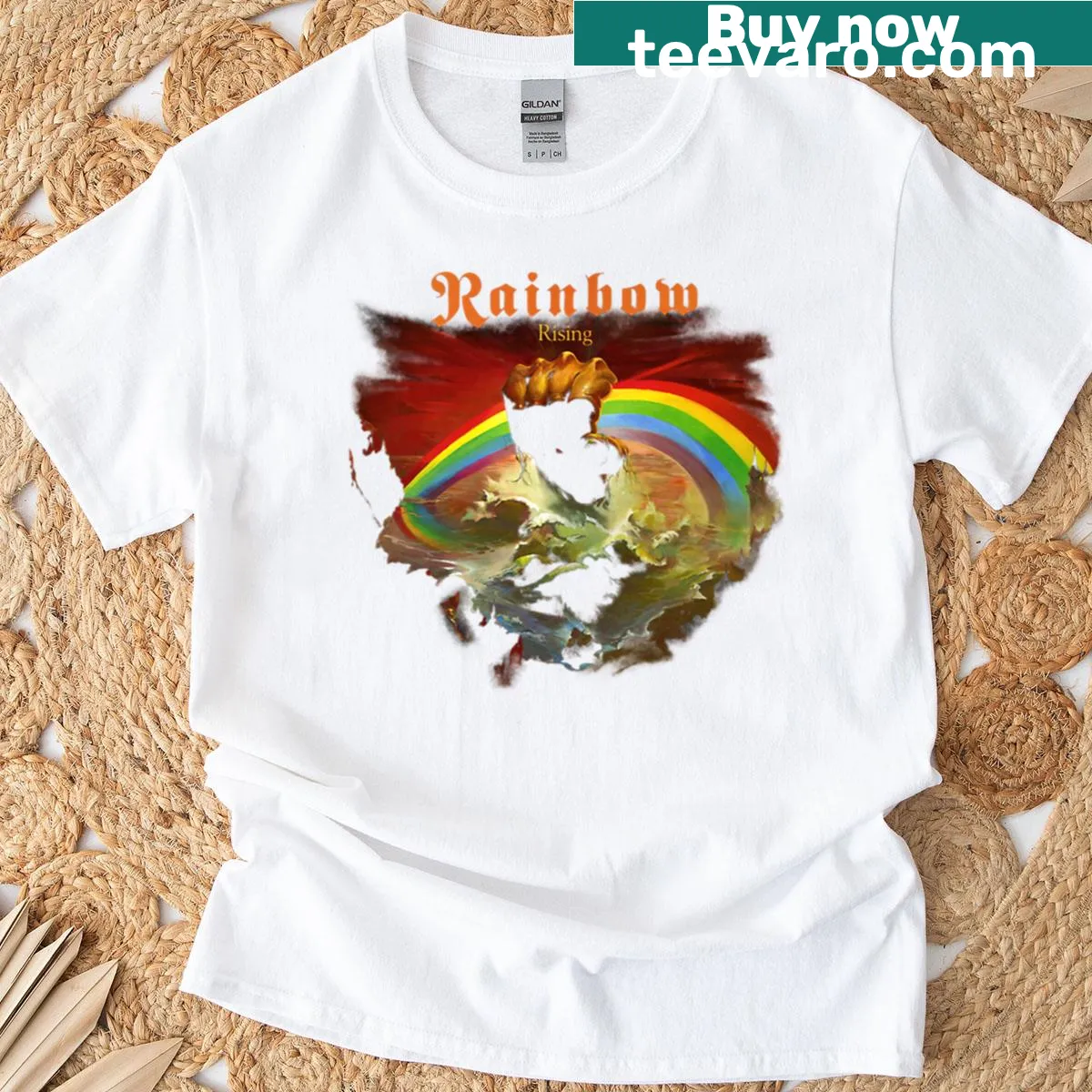 Bold typography design stating 'Rainbow Rises' on a t-shirt — on a men's t-shirt
