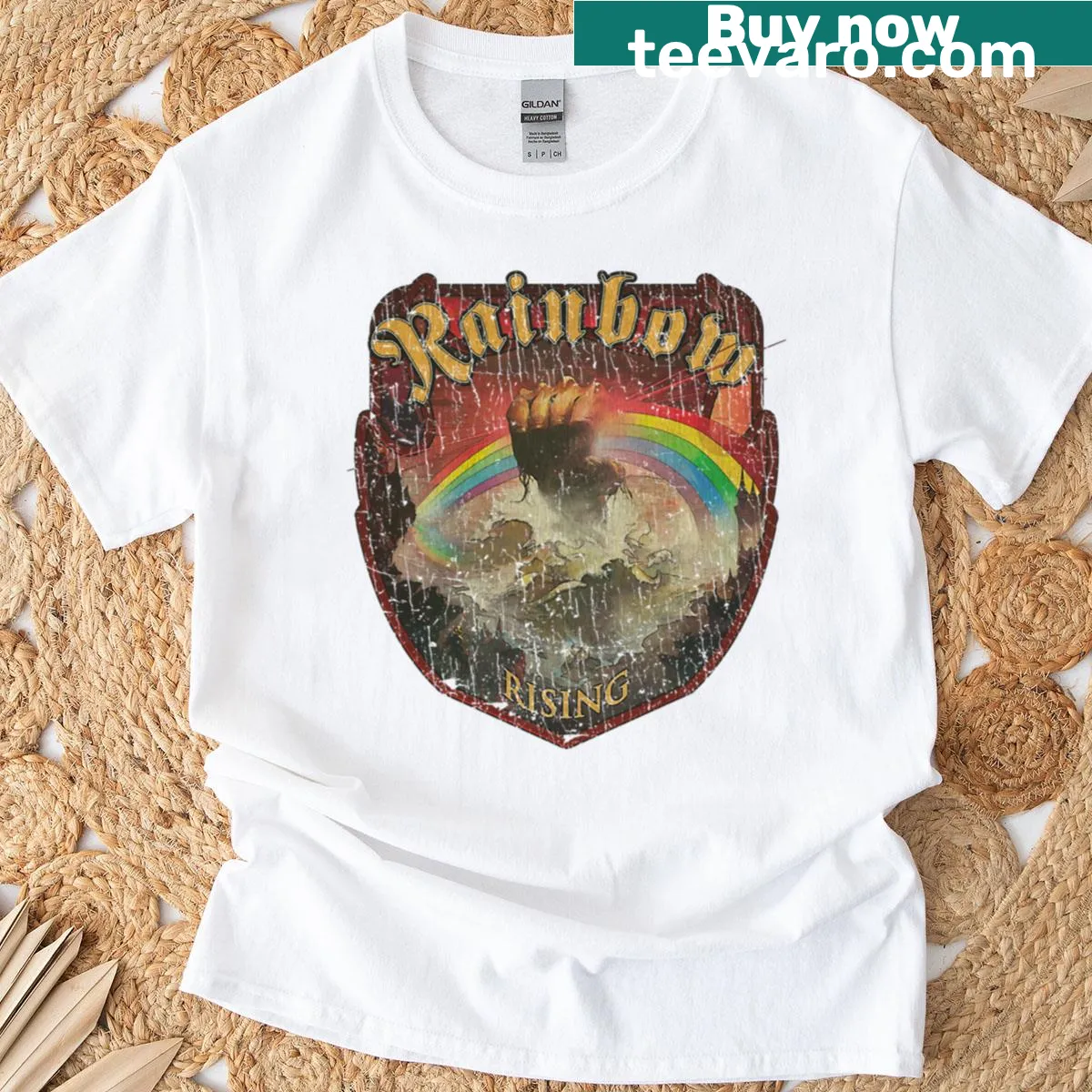 Vintage-style T-shirt with a rainbow design from 1976 — on a men's t-shirt