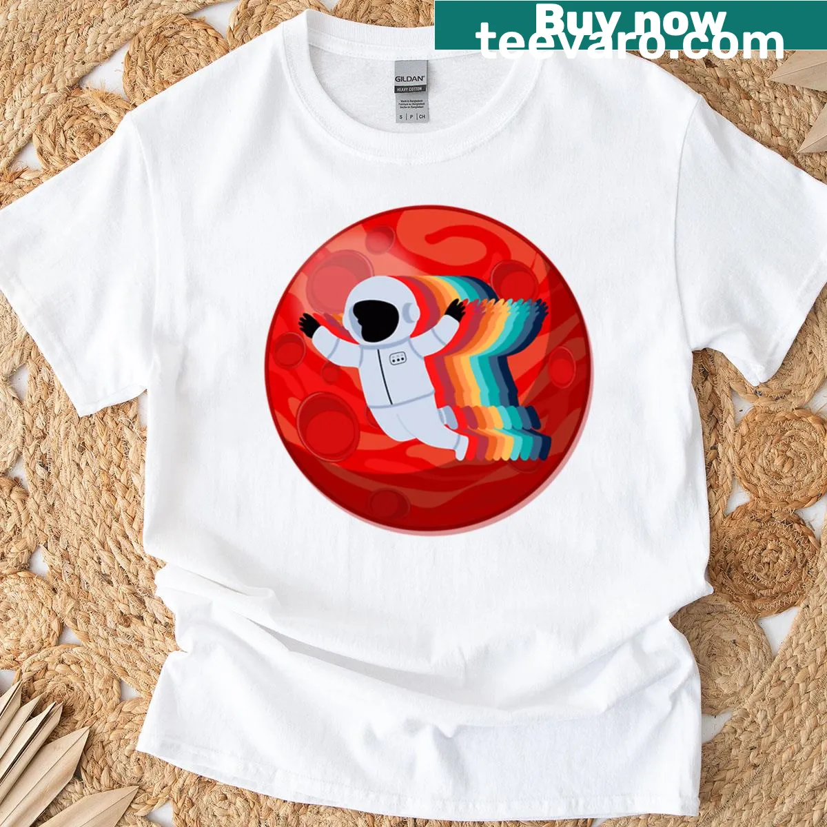 Illustrated spaceman design with rainbow elements on a t-shirt — on a men's t-shirt