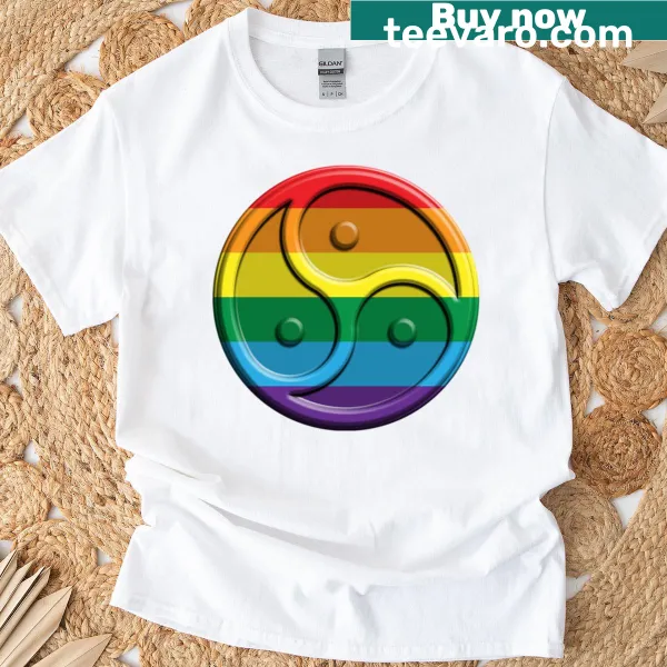 Dynamic triskelion design in rainbow colors on a sports tee.