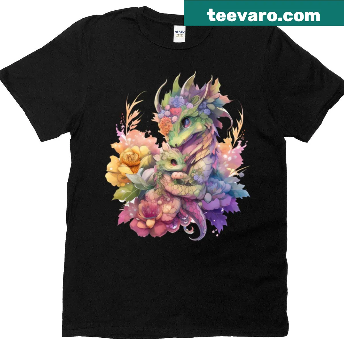 Kawaii mommy and baby dragon with flowers in a whimsical design — on a men's t-shirt