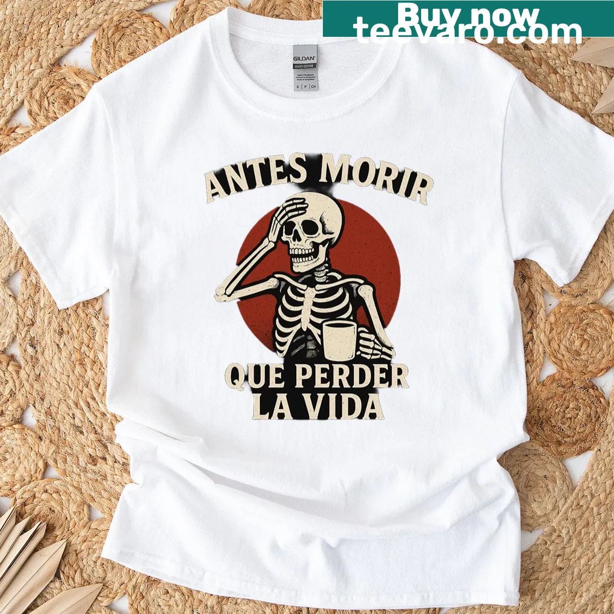 Skull graphic with coffee and text on a T-shirt — on a men's t-shirt
