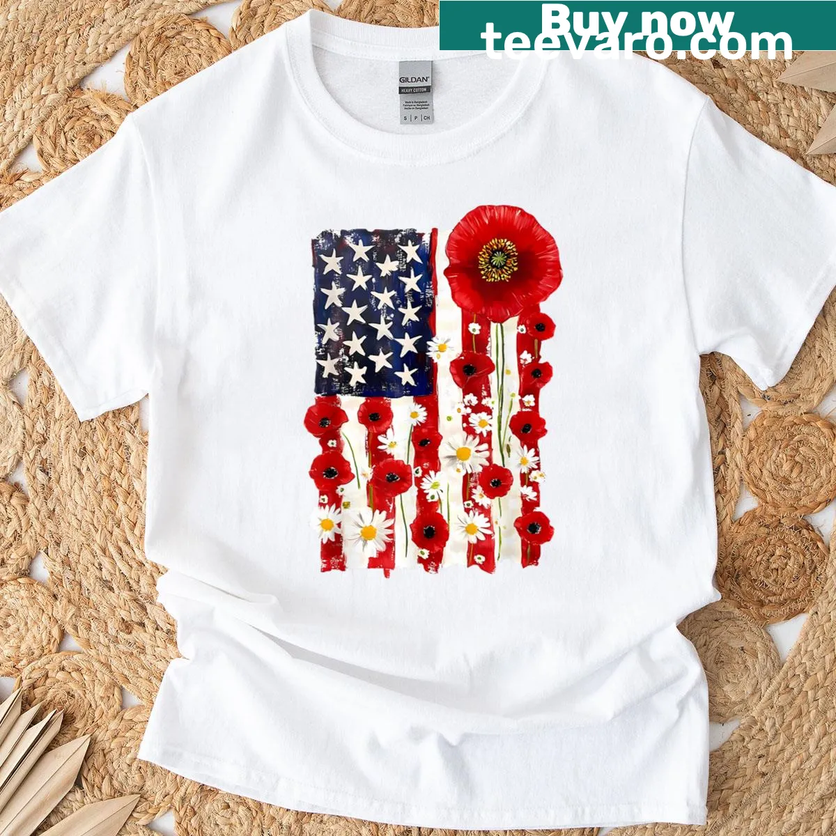 Graphic of a red poppy flower and US flag design. — on a men's t-shirt