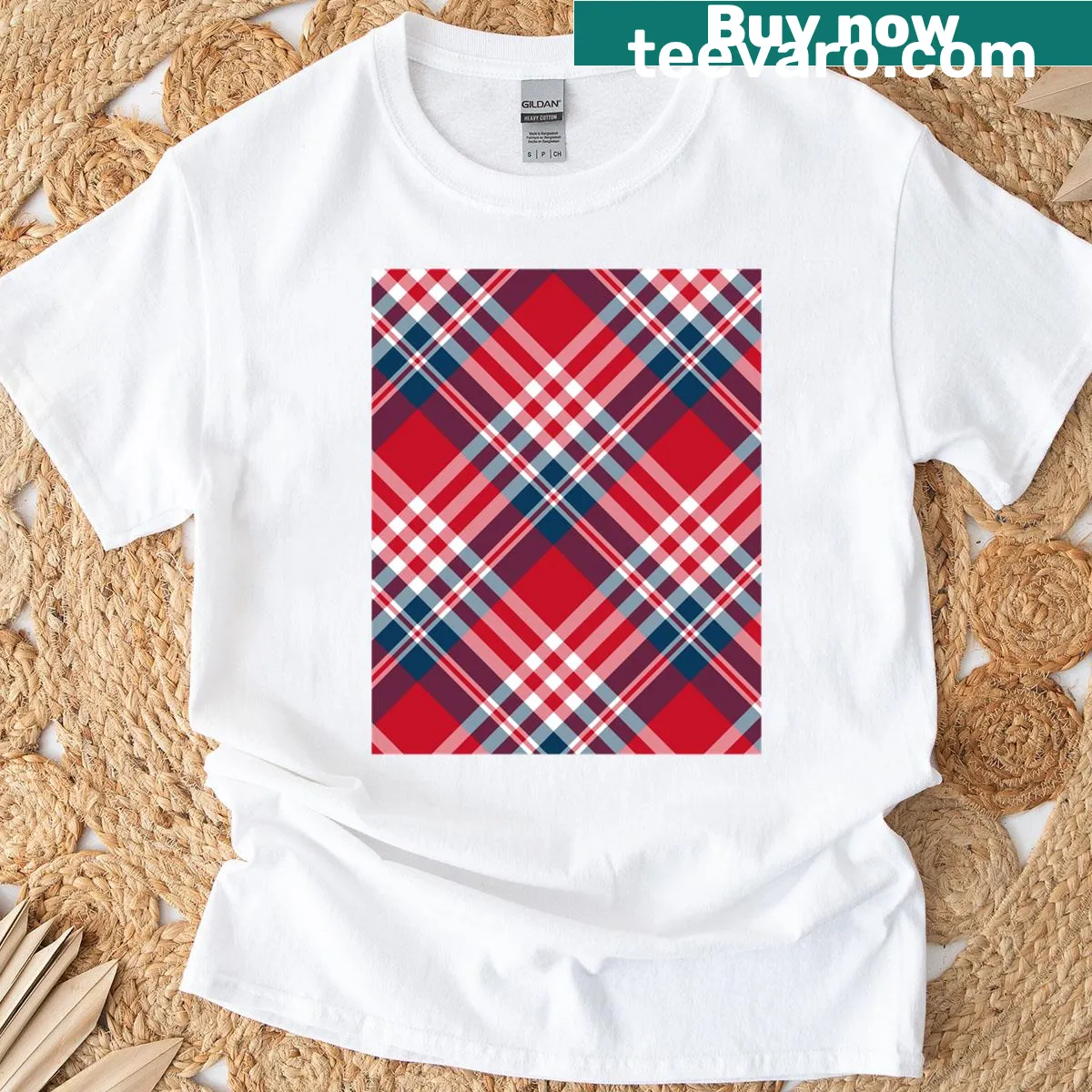 Patriotic plaid graphic T-shirt in red, white, and blue — on a men's t-shirt