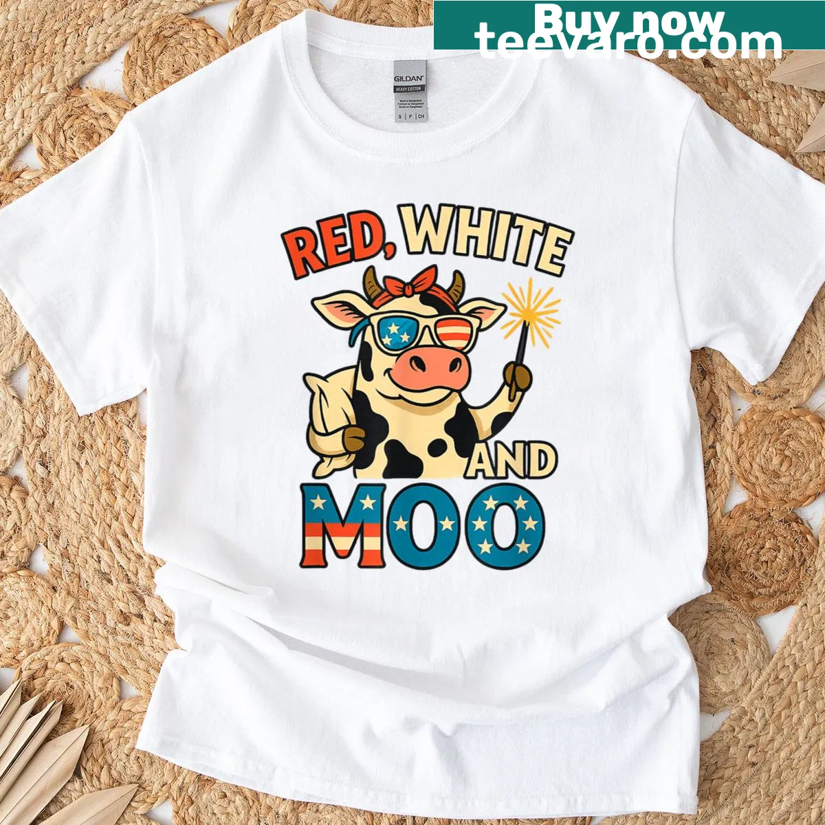 Cartoon cow design with patriotic elements on a T-shirt — on a men's t-shirt