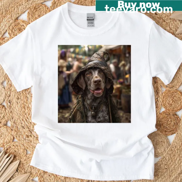 Dogs in Renaissance costumes illustrated on a T-shirt