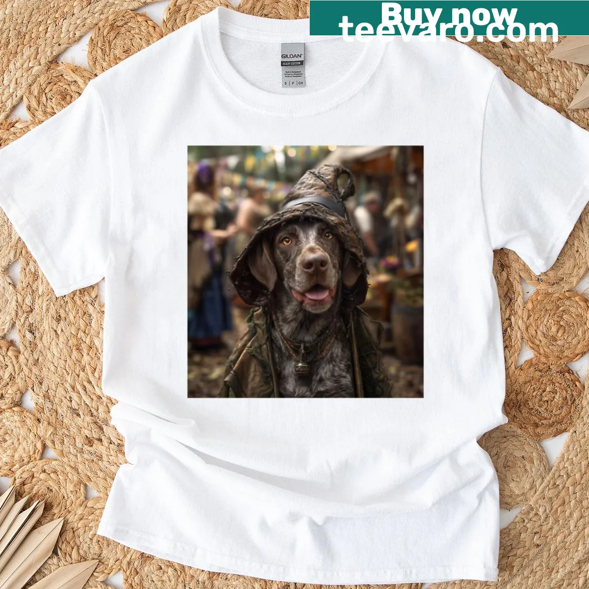 Dogs in Renaissance costumes illustrated on a T-shirt — on a men's t-shirt