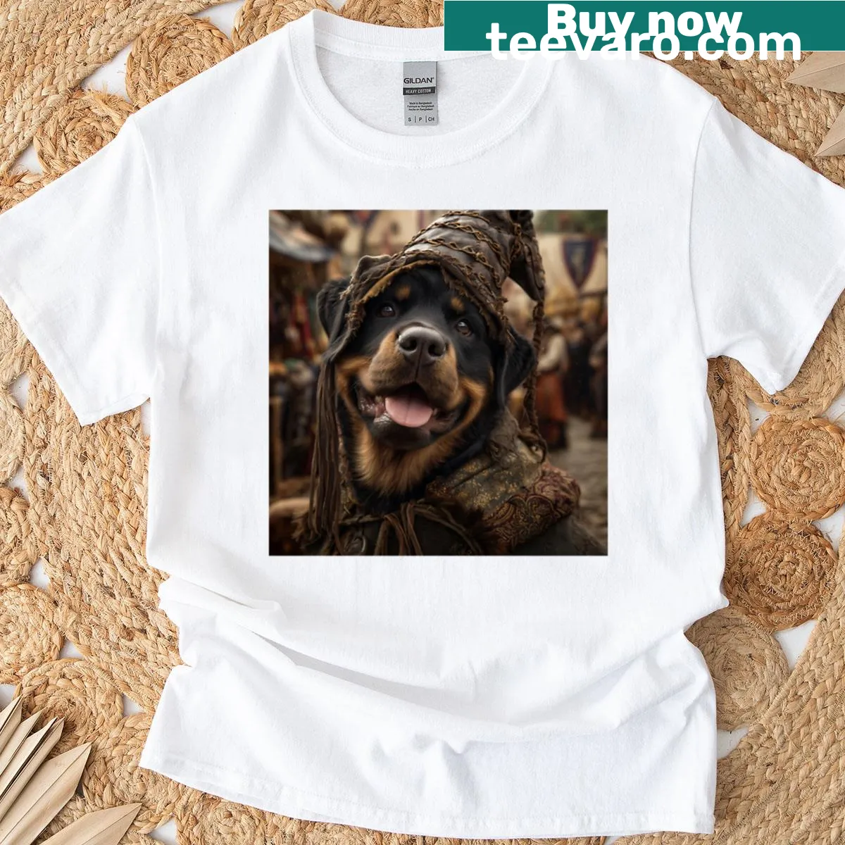Illustrated dogs in Renaissance costumes on a fun T-shirt — on a men's t-shirt
