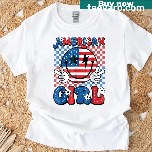 Retro design for Fourth of July with a smiling American girl on a T-shirt
