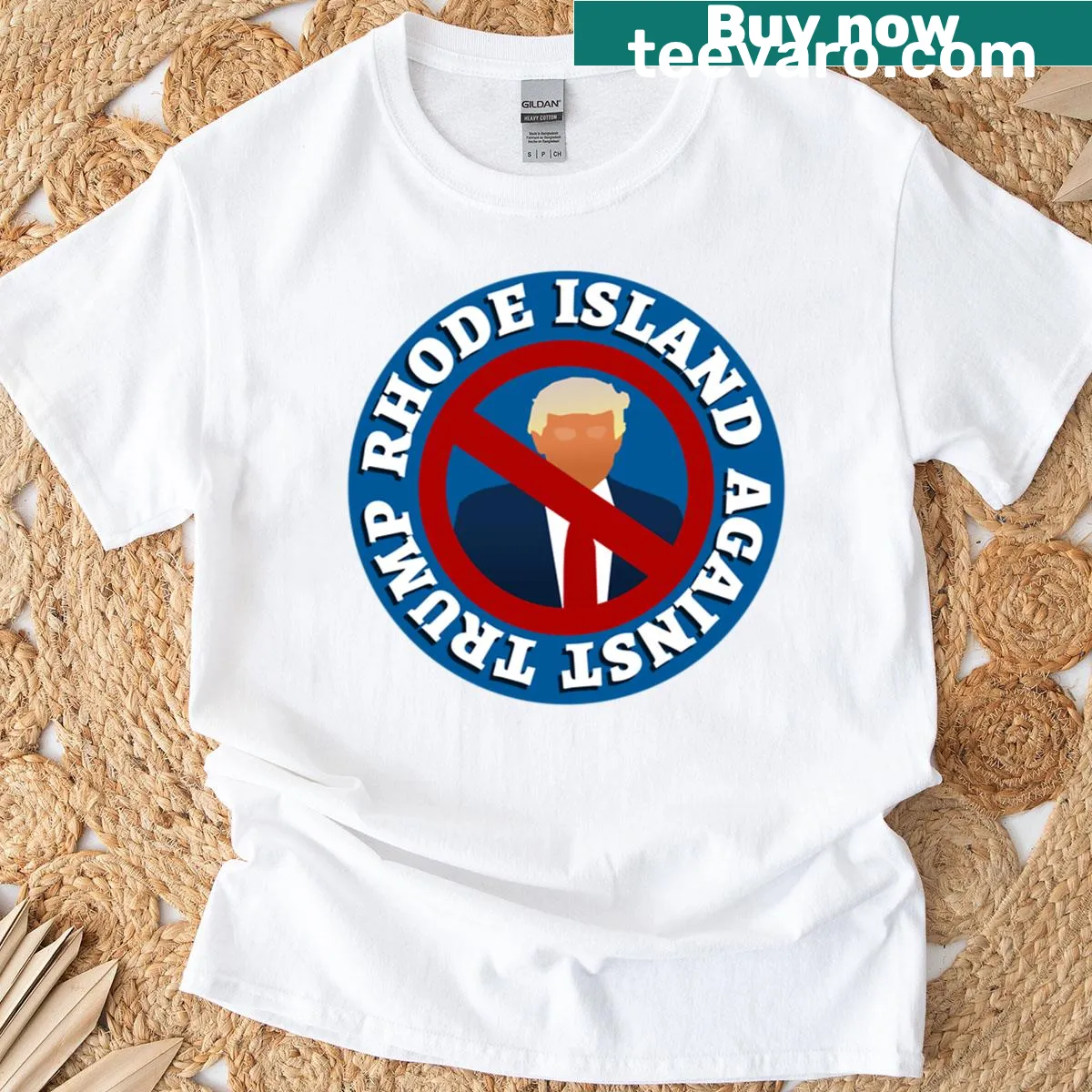 Graphic design expressing Rhode Island against Trump on a T-shirt — on a men's t-shirt