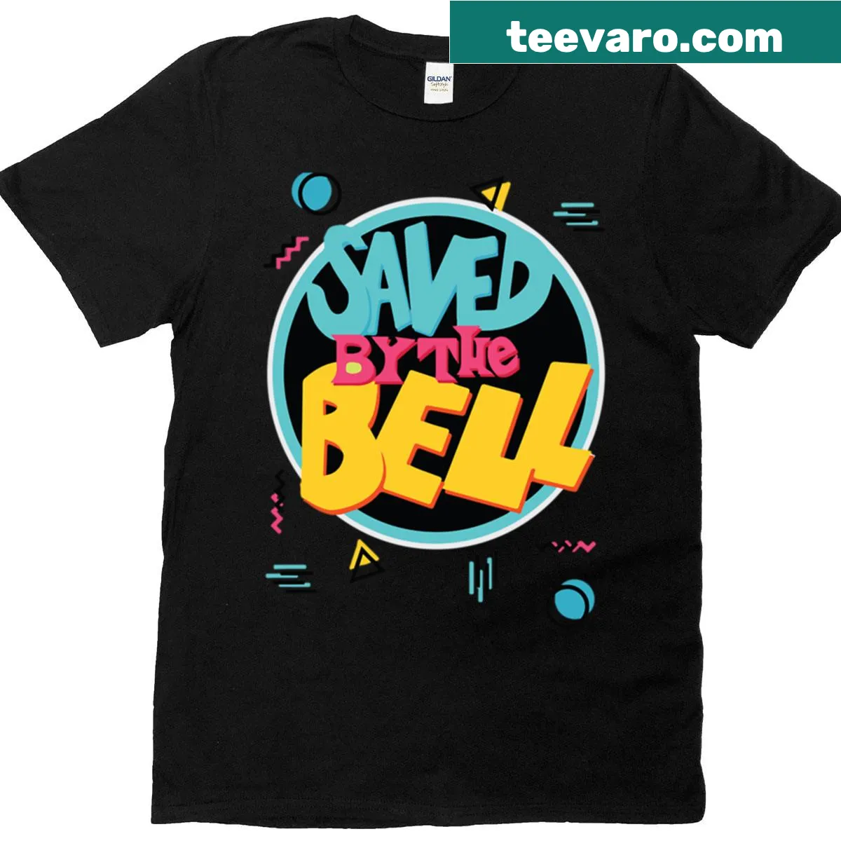 Geometric pattern T-shirt inspired by Saved By The Bell TV show — on a men's t-shirt