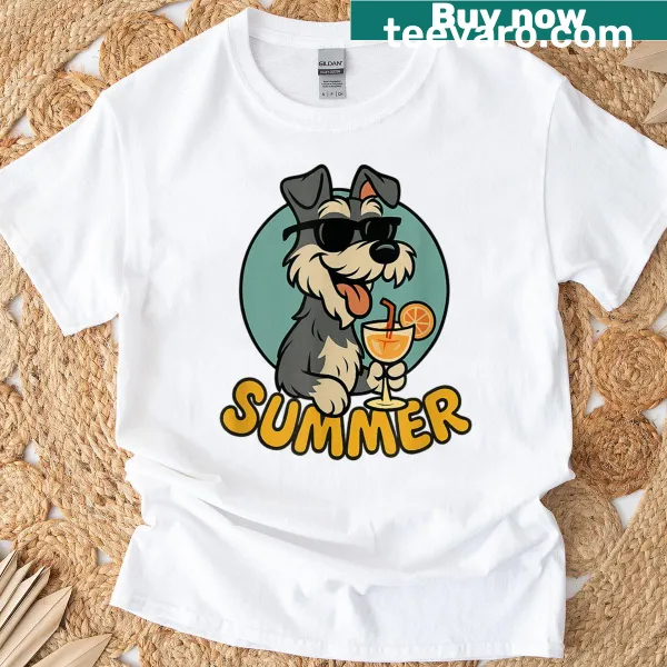 Cartoon schnauzer design with a summer theme on a T-shirt
