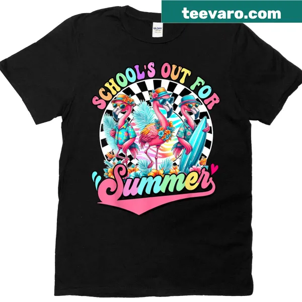 Flamingo-themed T-shirt celebrating the last day of school for teachers