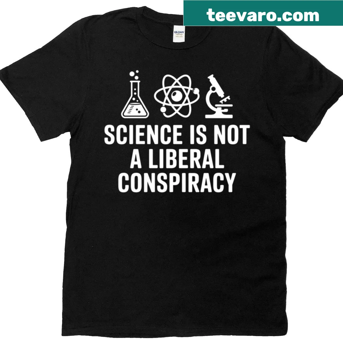 Statement T-shirt proclaiming science is not a conspiracy — on a men's t-shirt