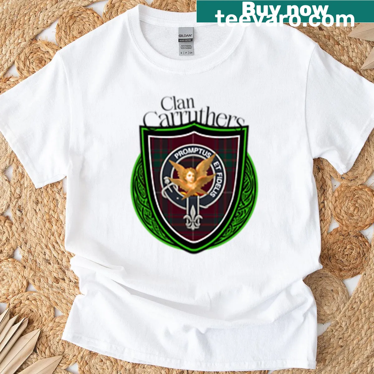 Scottish Clan Carruthers T-shirt featuring tartan and crest — on a men's t-shirt