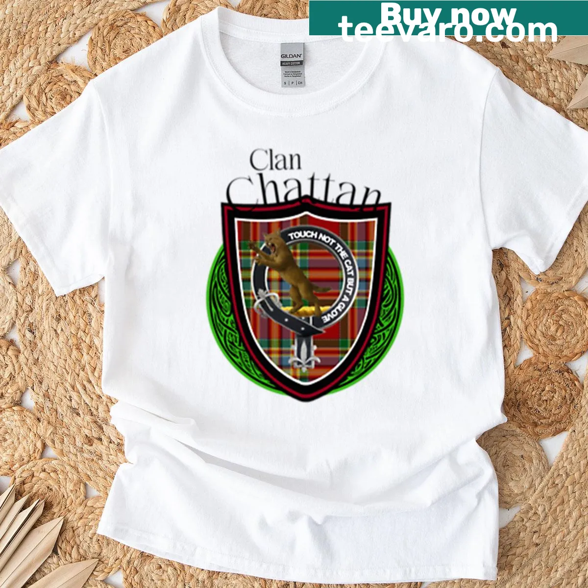 Scottish Clan Chattan T-shirt with tartan and crest illustration — on a men's t-shirt