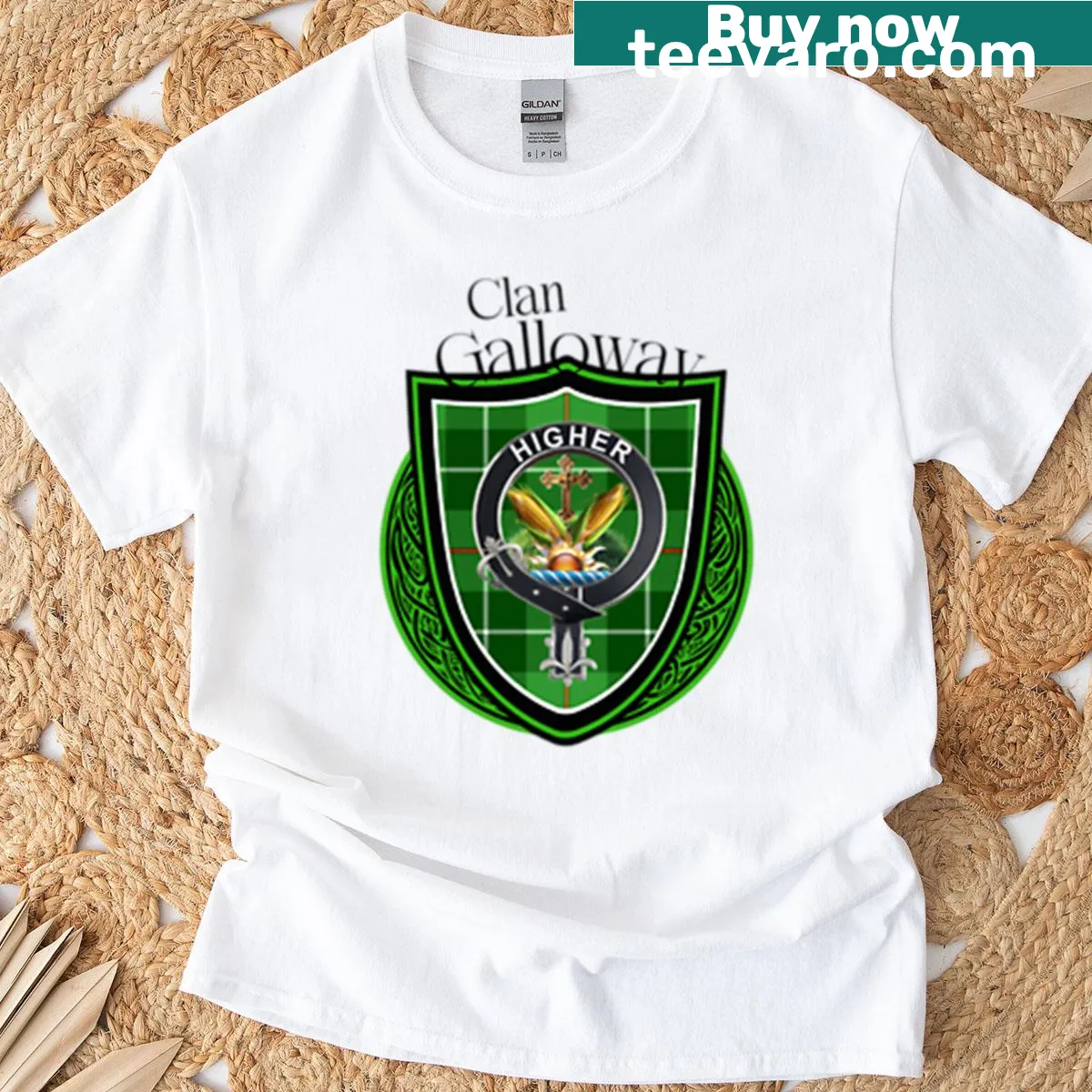 Oversized T-shirt with Galloway clan crest and tartan pattern. — on a men's t-shirt